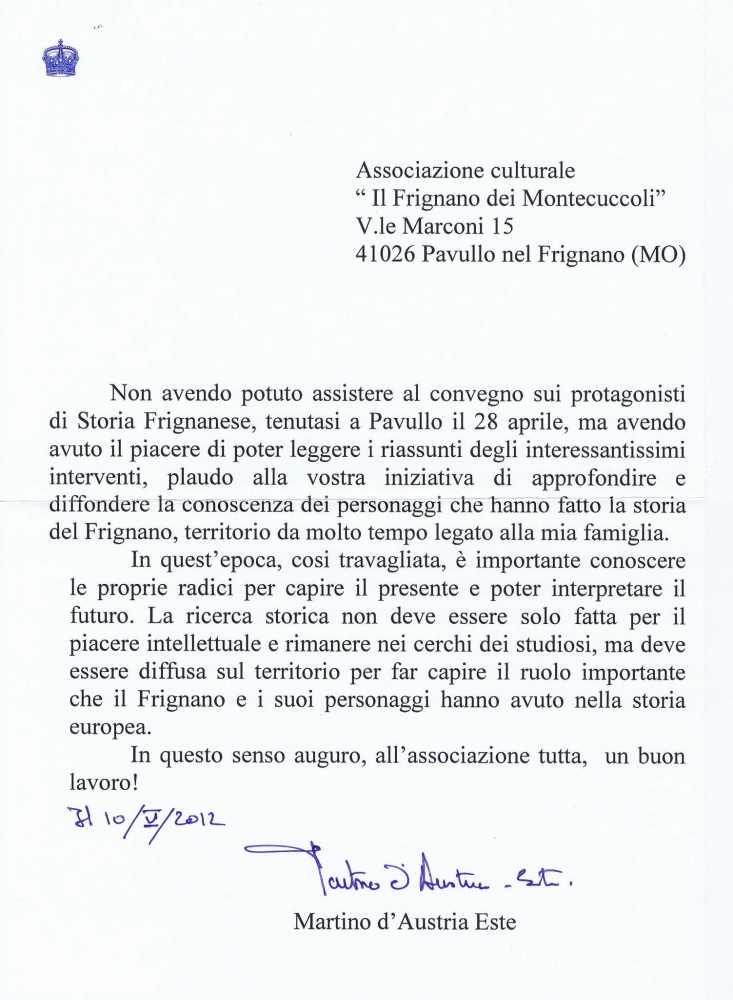 Lettera dell'Arciduca  Martino d' Austria Este.